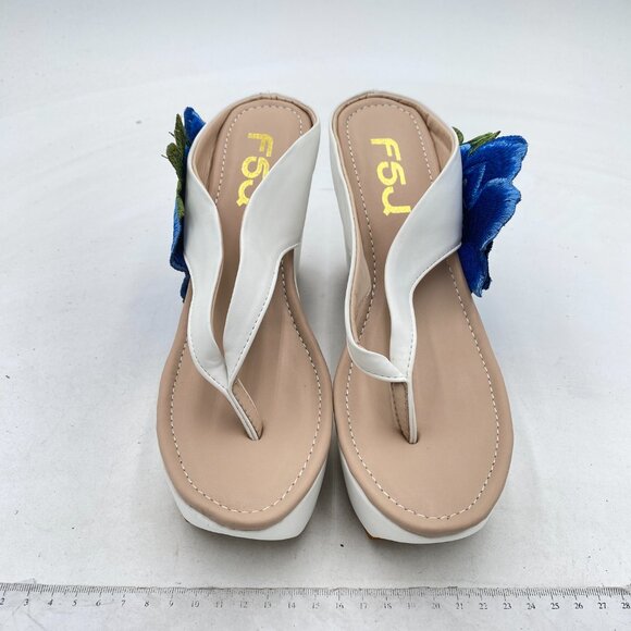 FSJ Blue Floral Cute Platform Wedge Sandal Thong Flip Flop Rhinestone Beach Shoe - Picture 3 of 8